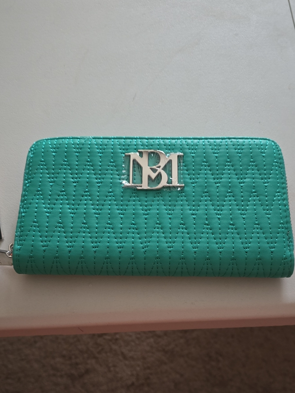 Badgley Mischka Quilted Green Zip-Around Wallet with Silver Logo
